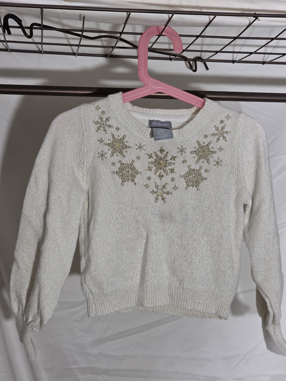 Tahari Cream Crewneck Sweater with Gold Snowflake Embellishments